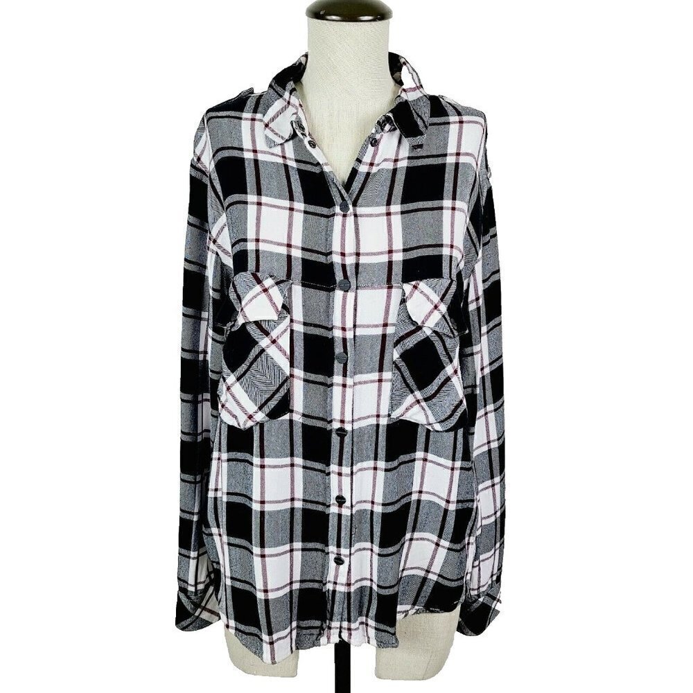 Sanctuary Boyfriend Shirt S Black White‎ Burgundy Plaid Soft Button-Front…
